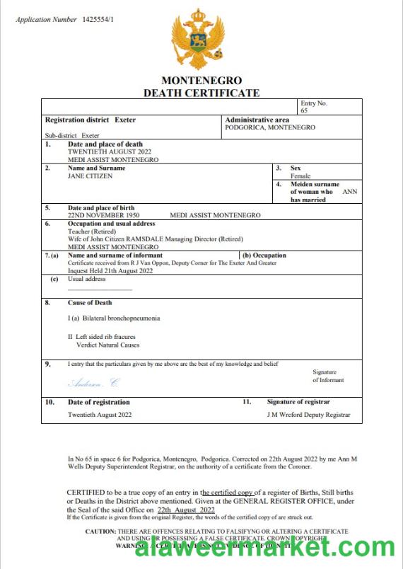 Montenegro death certificate Word and PDF template